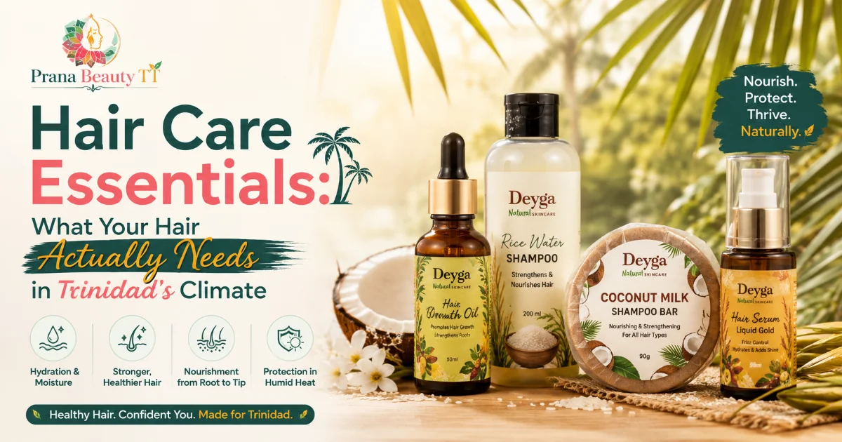 Hair care essentials for Trinidad’s climate featuring shampoo, hair oil, and hair serum | Prana Beauty TT